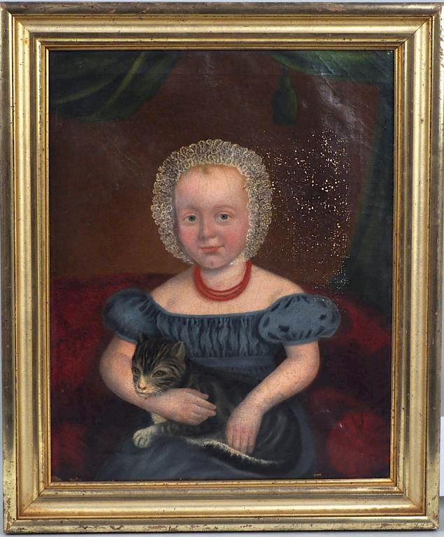 Appraisal: Folk Art O C Portrait of Young Girl with Cat