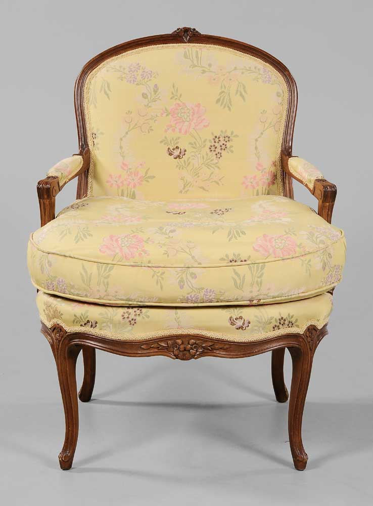 Appraisal: Louis XV Style Open-Arm Chair French th century carved beechwood