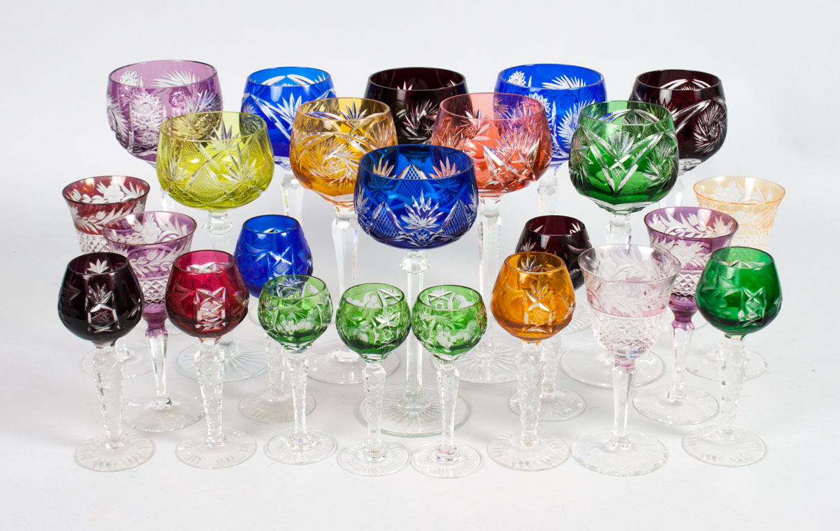 Appraisal: Czecho-Bohemian cut-to-clear-glass wine stems various colors assorted sizes comprising wine