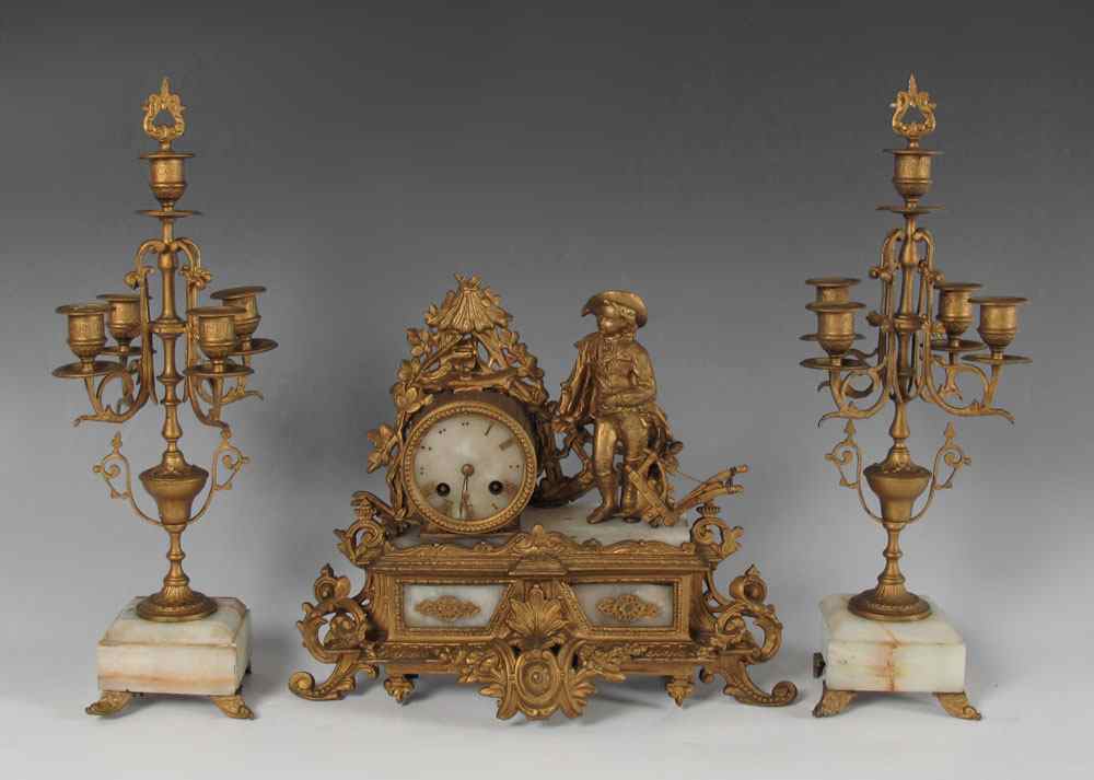 Appraisal: JAPY FRERES GILT METAL AND MARBLE FIGURAL CLOCK GARNITURE Figural