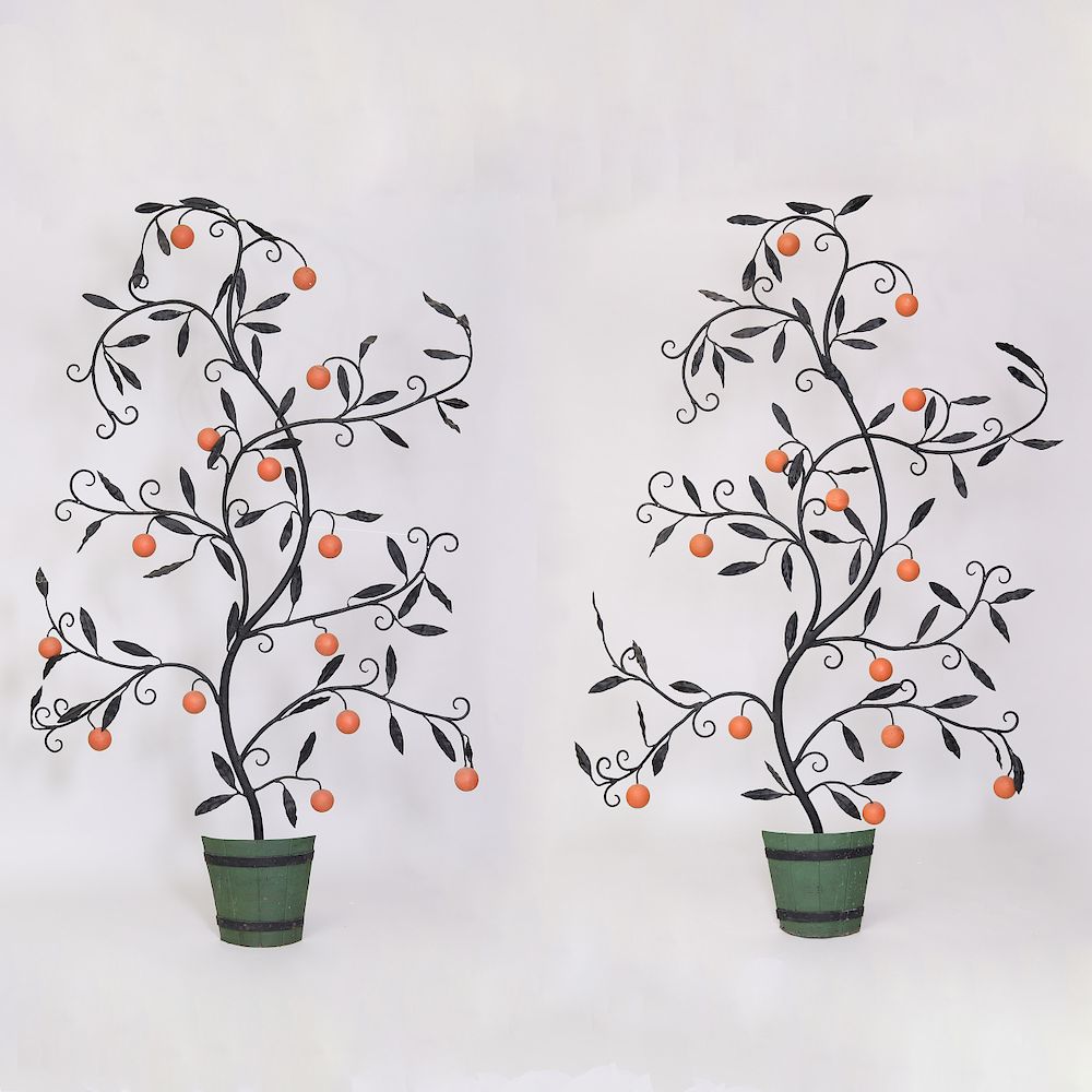 Appraisal: Pair of Tall Painted Wrought-Iron Potted Orange Trees ft x