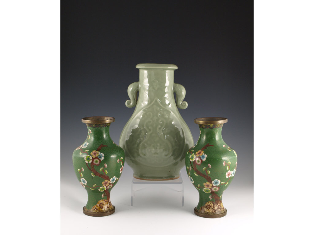 Appraisal: Chinese Cloisonne Vases and Song-Style Vase pair of high green