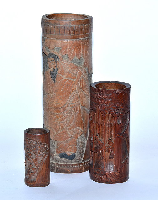 Appraisal: A Chinese bamboo brush potlate th Century cm and two