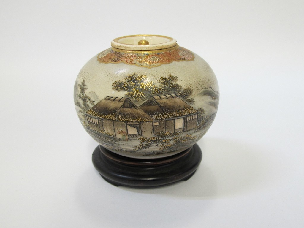 Appraisal: Japanese Satsuma globular vase and lid painted with houses and