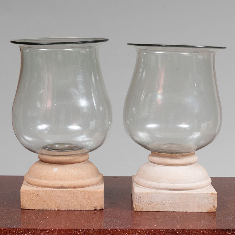 Appraisal: Pair of Large Cast Stone and Glass Hurricane Lamps x