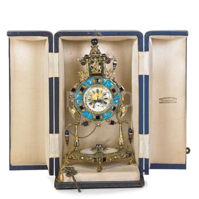 Appraisal: AUSTRIAN JEWELED MINIATURE CLOCK Mother of pearl and enamel decoration