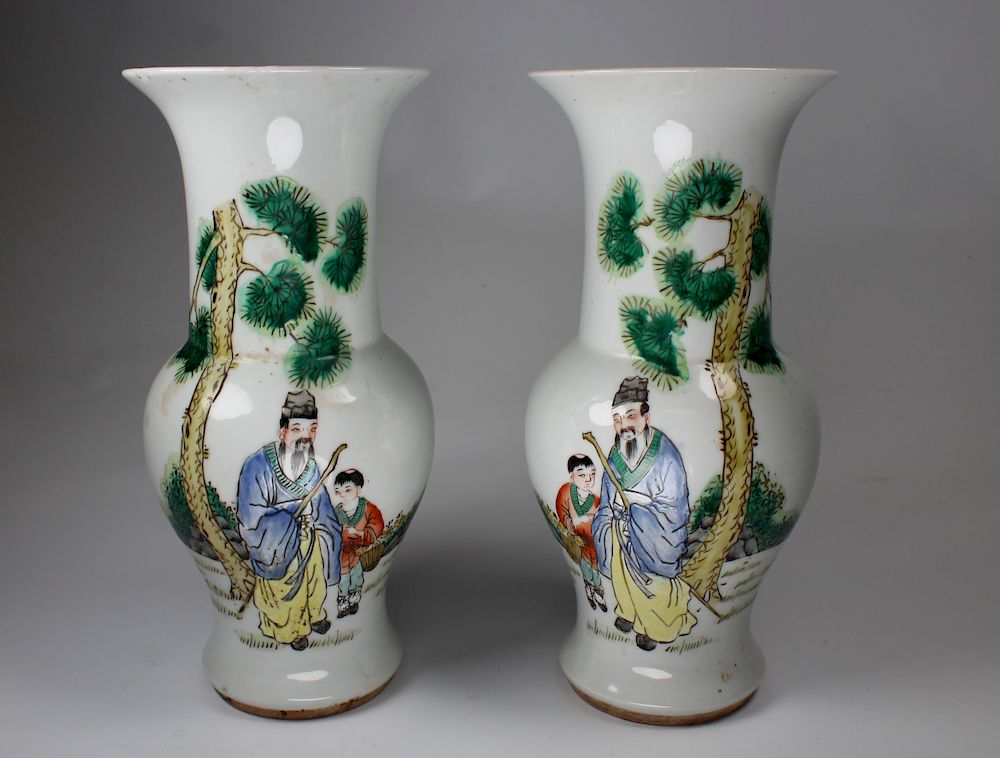 Appraisal: Antique Chinese Porcelain Figural Vases Signed Antique Chinese Porcelain Figural