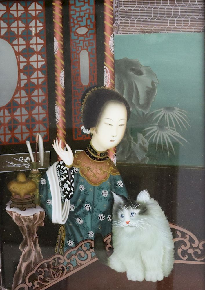 Appraisal: Reverse Painting On Glass Woman With Cat From a Westchester