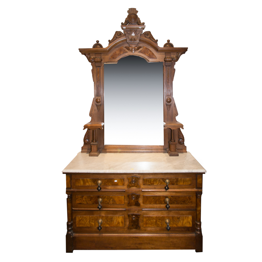 Appraisal: Renaissance Revival walnut marble top dresser three-drawer marble-top chest upright