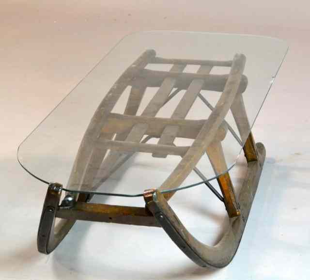 Appraisal: Antique Sled Glass-Top Coffee TableAntique bentwood pegged sled made into