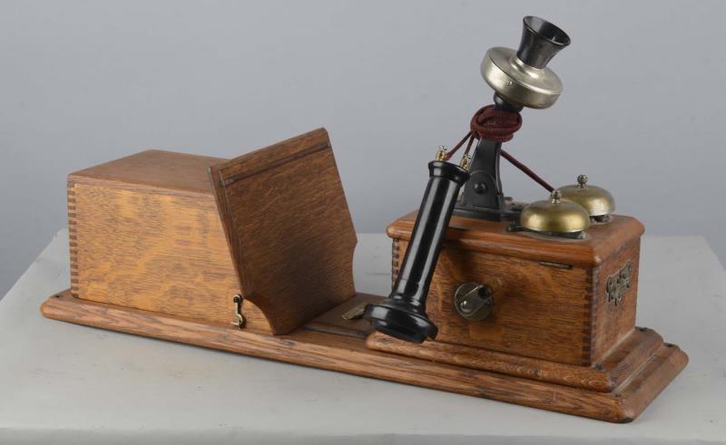 Appraisal: Early Oak Wall Mount Telephone This double box telephone features