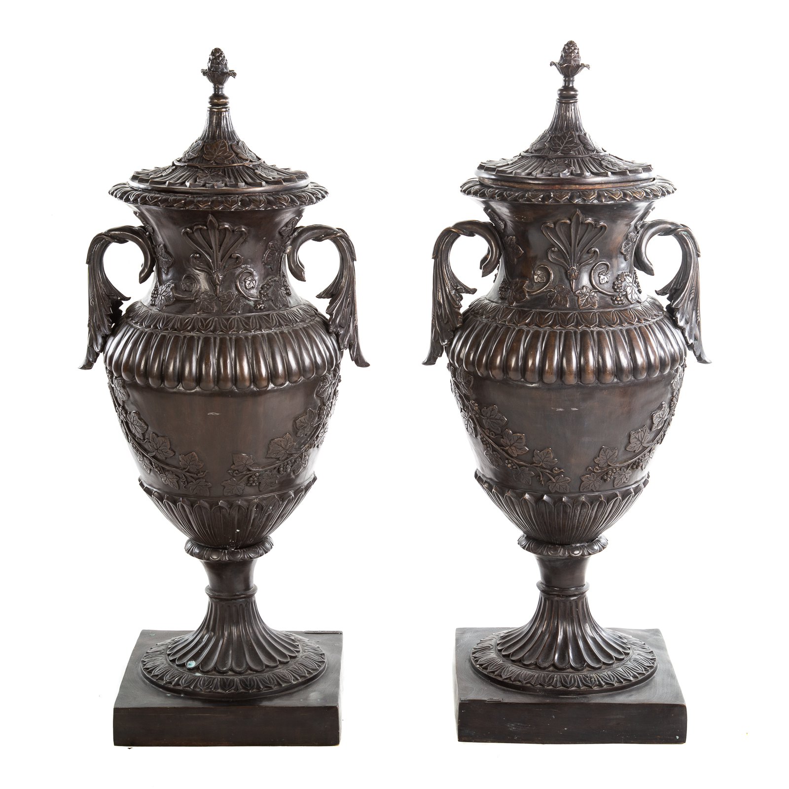 Appraisal: PAIR OF LEONARDO ROSSI LARGE BRONZE URNS Classical style with