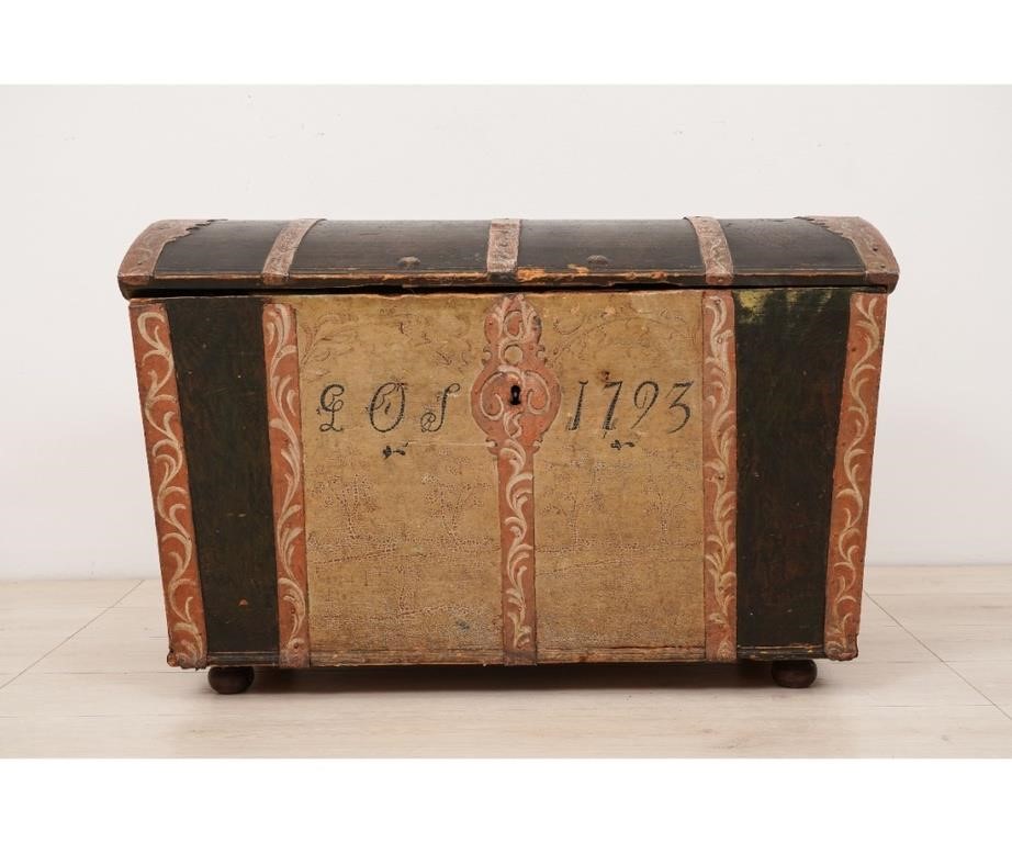 Appraisal: Painted Norwegian dome lid hope blanket chest dated bound with