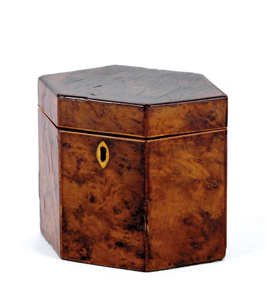 Appraisal: English burl wood tea caddy th century hexagonal hinged cover