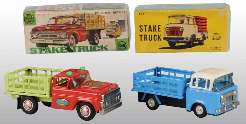 Appraisal: Lot of Tin Stake Truck Friction Toys Description Japanese Working