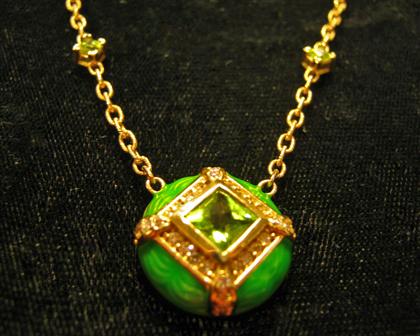 Appraisal: karat yellow gold peridot and diamond necklacePrincess cut peridot framed