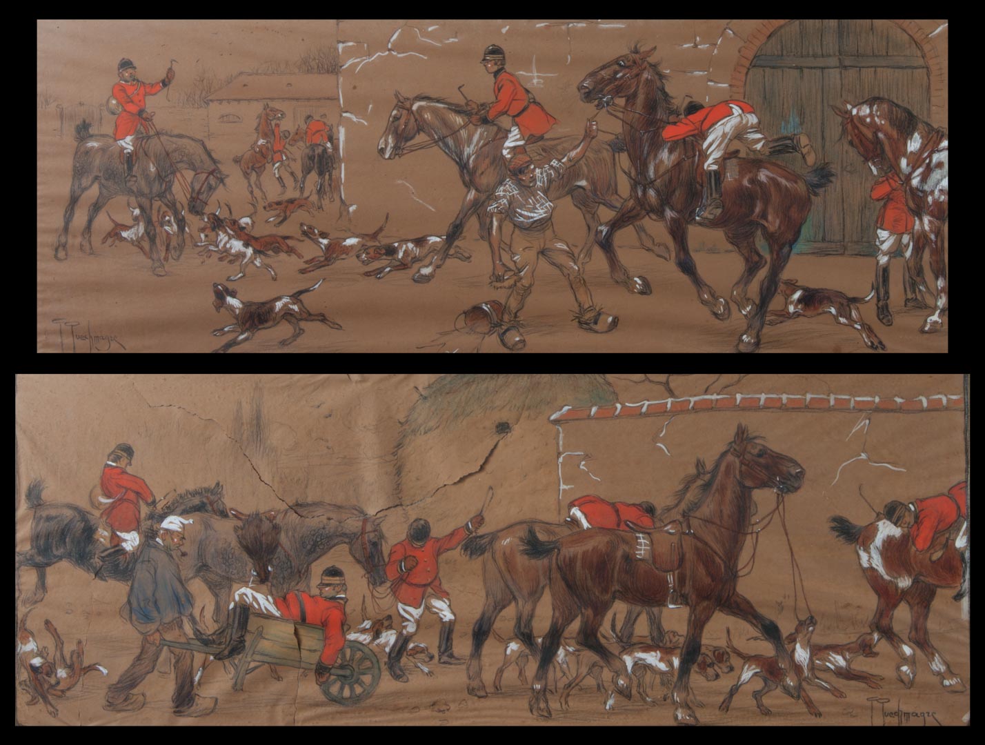 Appraisal: Frederic Peuchmange Pair of Hunt Scene drawings French d At