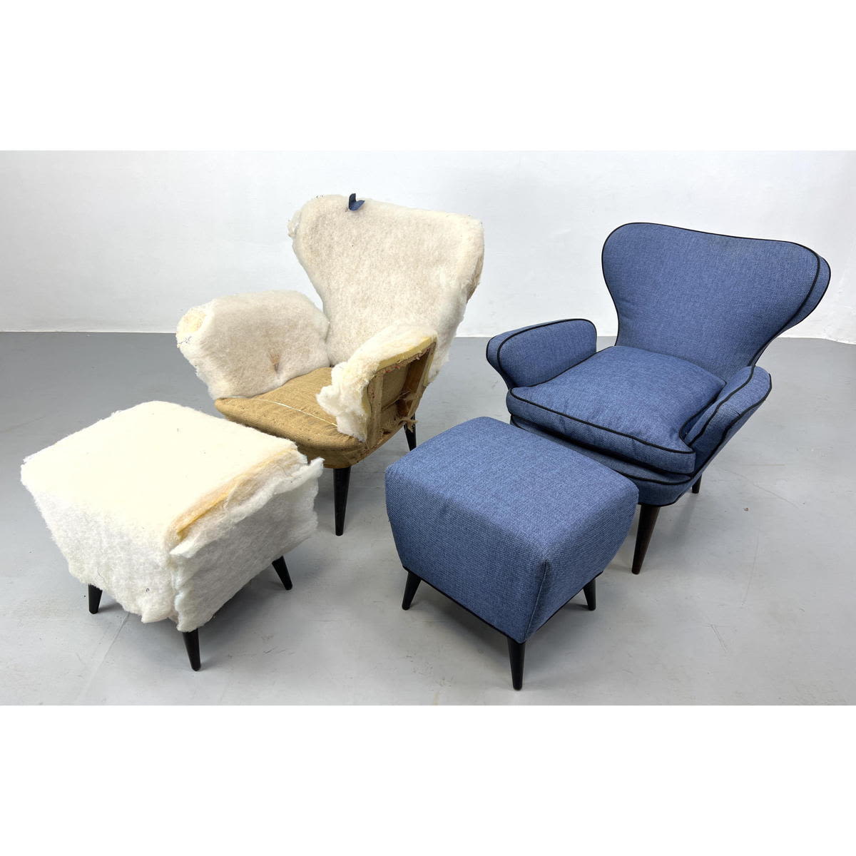 Appraisal: Pair of Italian 's lounge chairs with ottoman one reupholstered