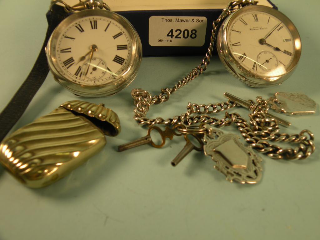 Appraisal: Two silver pocket watches a watch chain with two fobs