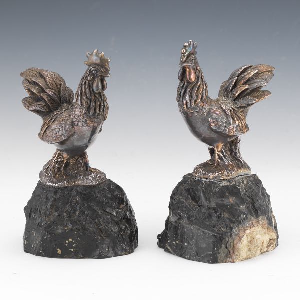 Appraisal: STERLING SILVER PAIR OF ROOSTER SCULPTURES ON MARBLE BASE CA