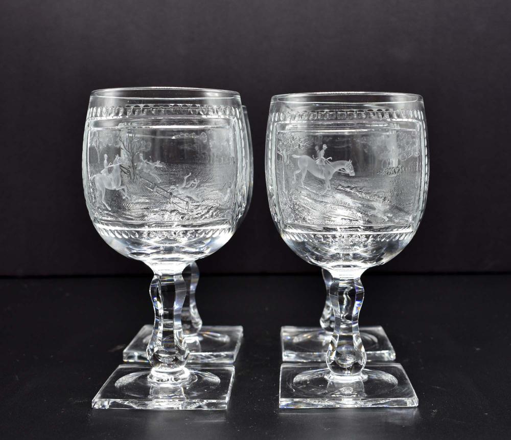 Appraisal: SET OF FOUR THOMAS WEBB EQUESTRIAN GLASS GOBLETSEnglish st Half