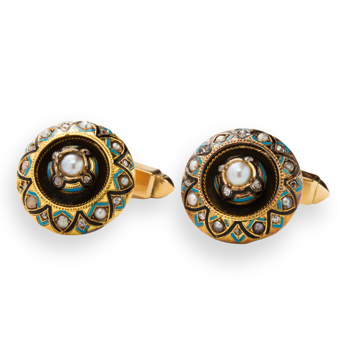 Appraisal: A PAIR OF ENAMEL SEED PEARL AND FOURTEEN KARAT GOLD