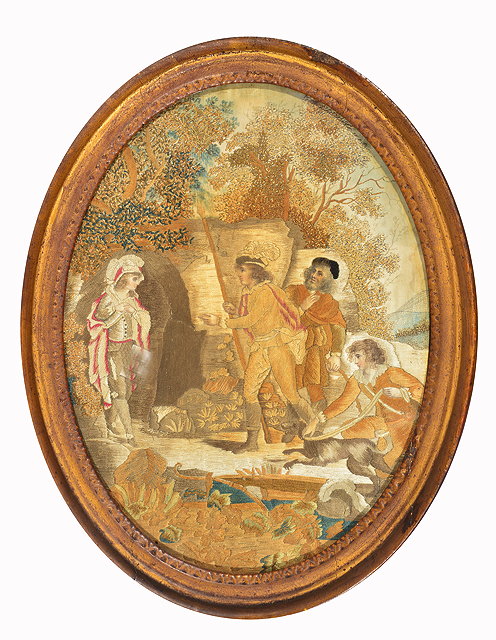 Appraisal: A REGENCY OVAL SILKWORK PICTURE depicting a girl resting beneath