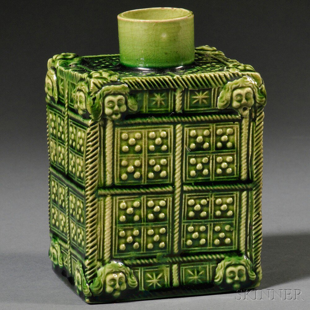 Appraisal: Staffordshire Cream-colored Earthenware Tea Canister England c allover green glaze