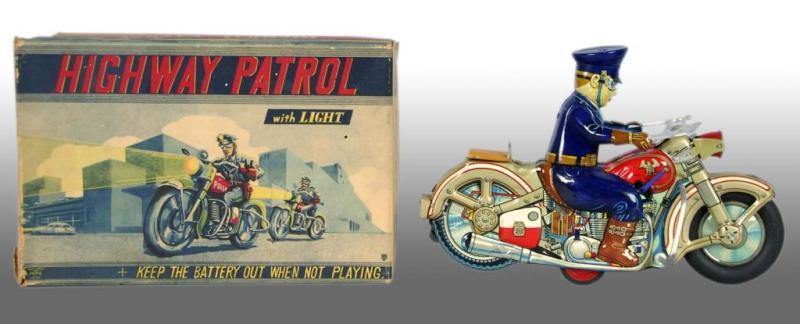 Appraisal: Japanese Alps Tin Highway Patrol Motorcycle Toy Description With box