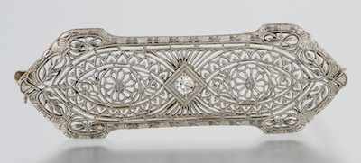 Appraisal: An Art Deco White Gold and Diamond Filigree Brooch k