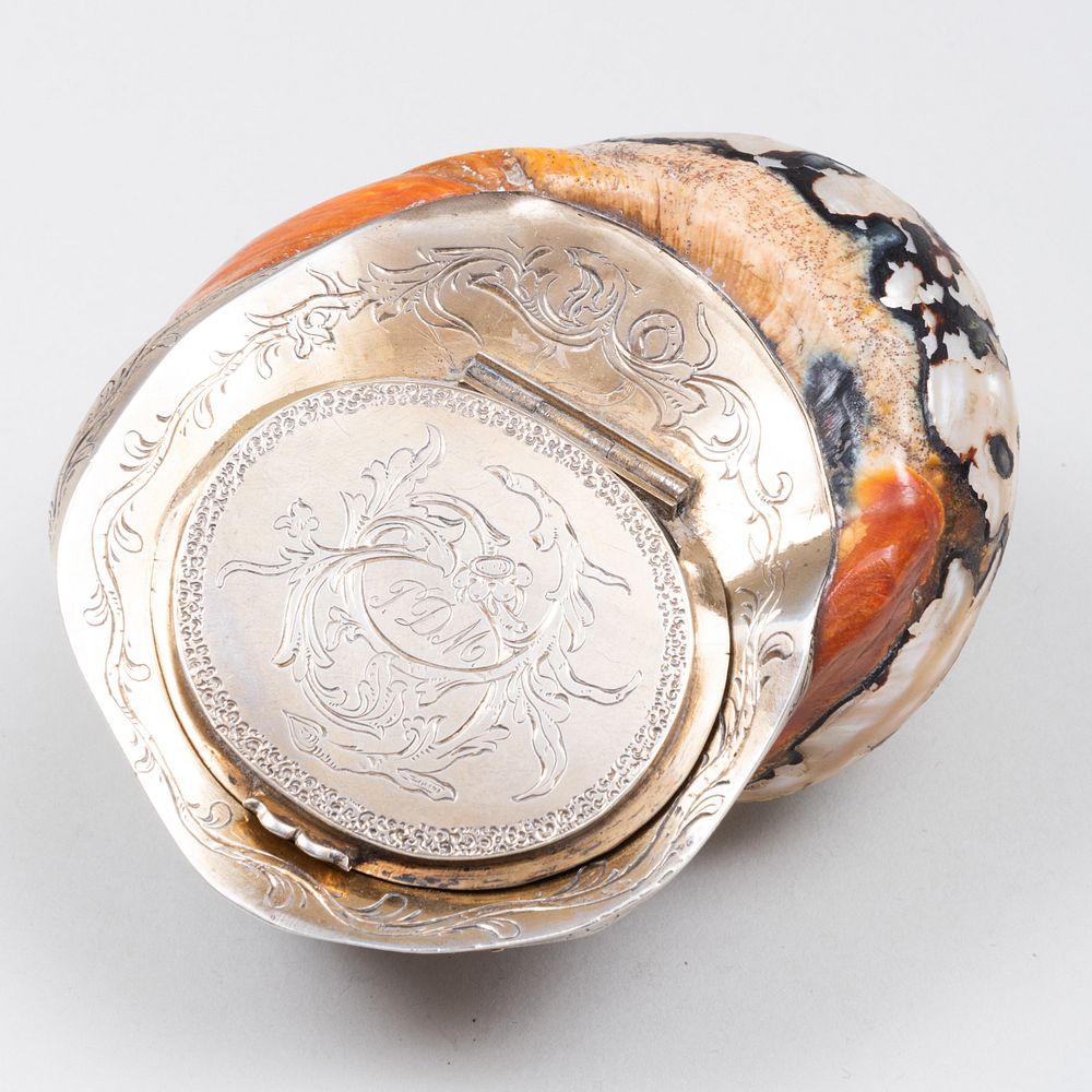 Appraisal: Contiental Silver-Gilt-Mounted Shell Snuff Box Indistinctly marked mount engraved and