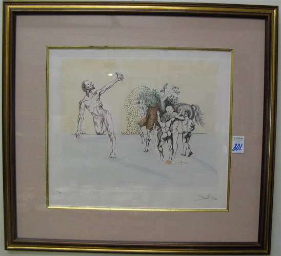 Appraisal: ATTRIBUTED TO SALVADOR DALI Color lithograph with figures near stylized