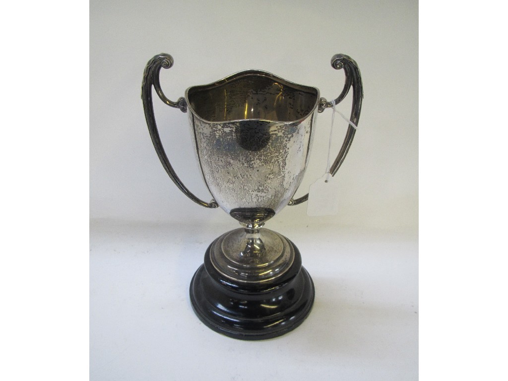 Appraisal: A silver double handled trophy cup on stand Birmingham