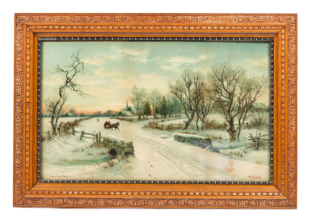 Appraisal: W C Bauer Christmas Morning Print in Ornate Frame Good