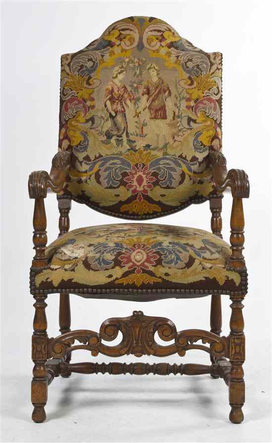 Appraisal: A Henry II Style Open Armchair having a needlepoint upholstered