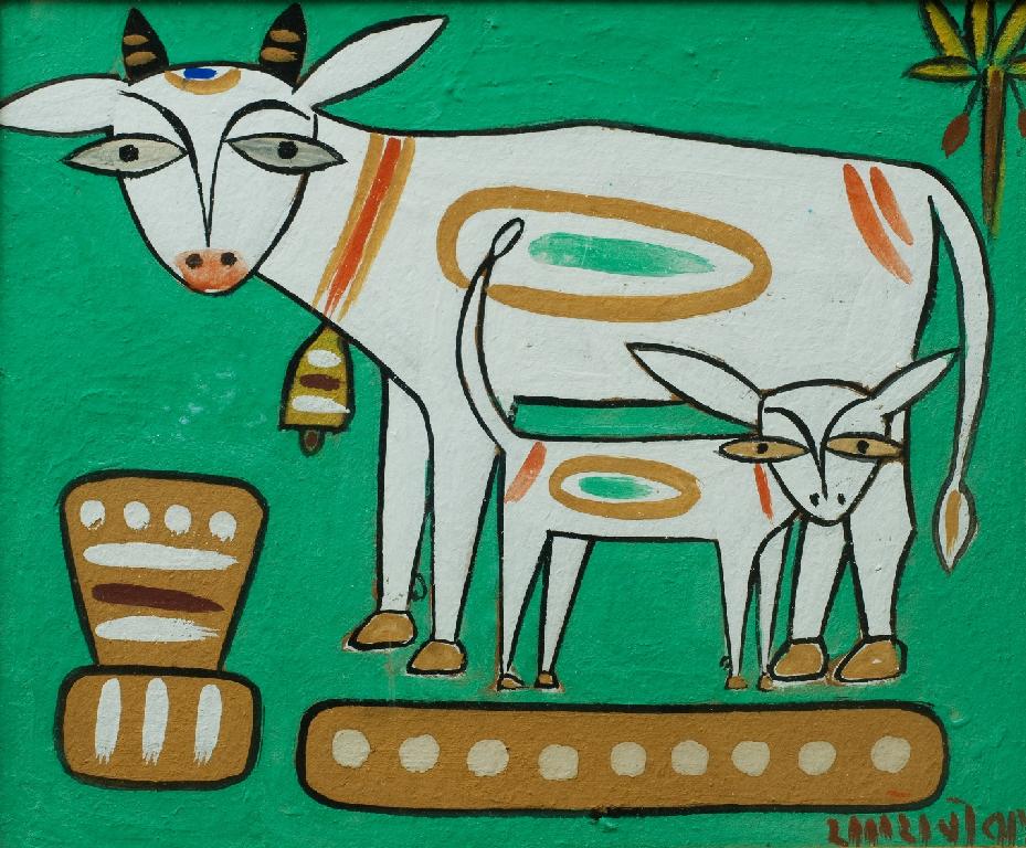 Appraisal: JAMINI ROY INDIAN - COW AND CALF tempera on card