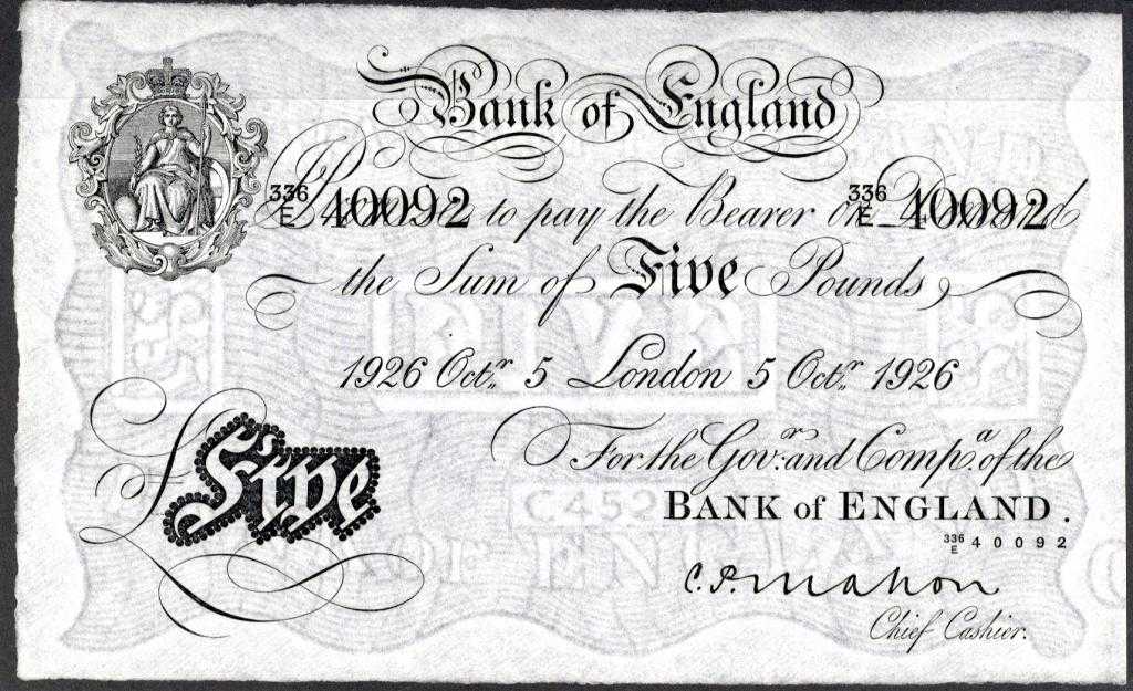 Appraisal: BANK OF ENGLAND C P MAHON WHITE FIVE POUNDS OCTOBER