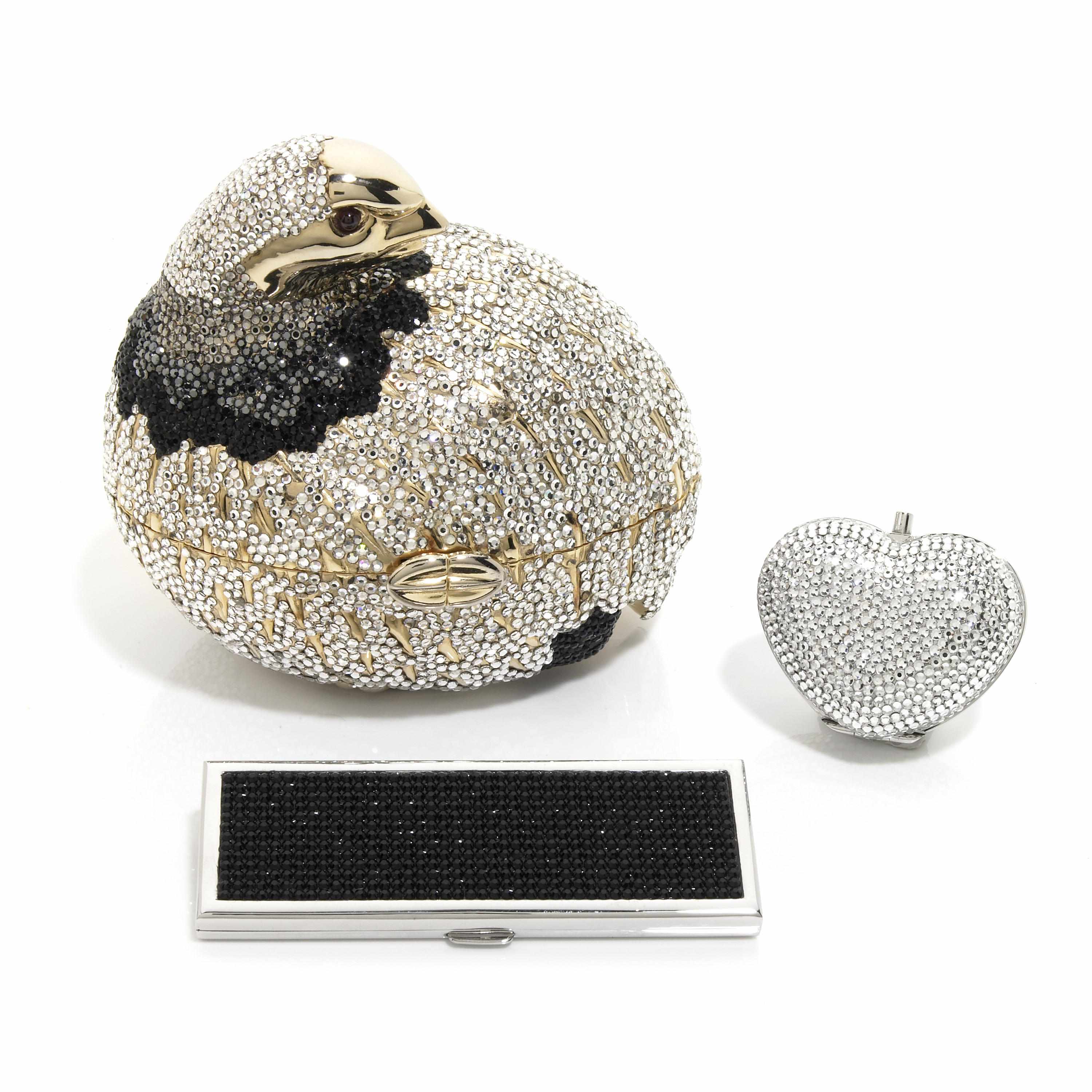 Appraisal: A silver and black crystal grouse minaudiere together with heart