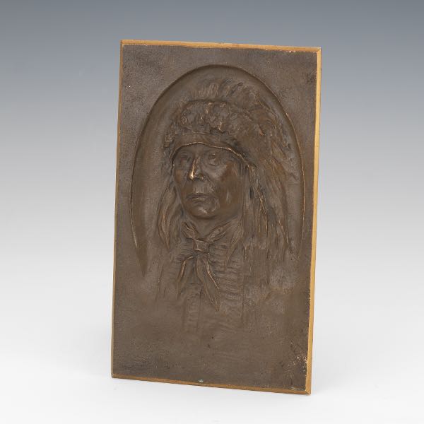 Appraisal: E Geiselman Bronze Plaque x Bronze plaque of a Native