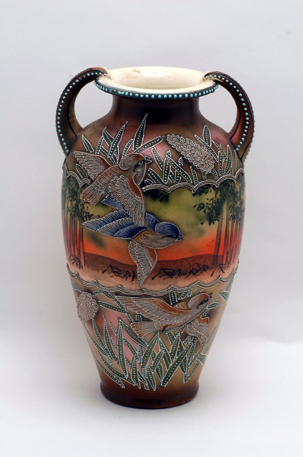 Appraisal: Japanese moriage vase baluster form with two curved handles decorated