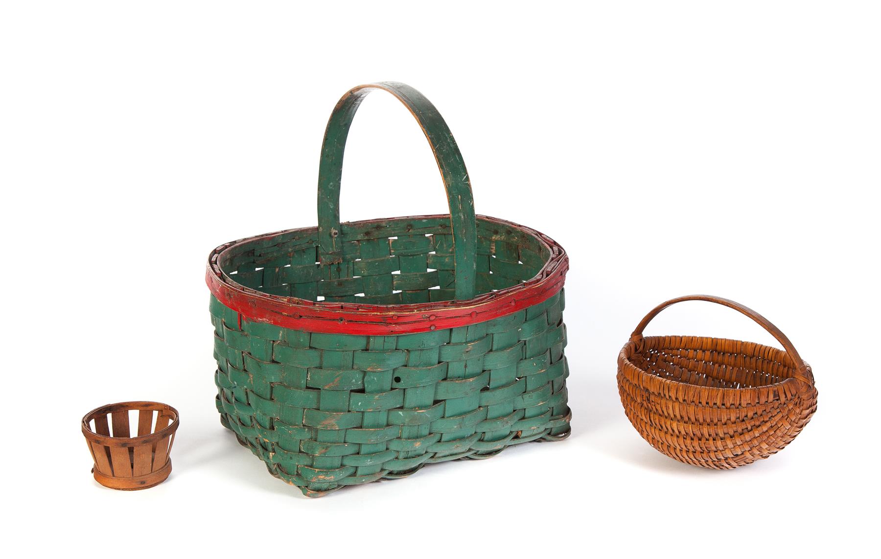 Appraisal: THREE BASKETS American Circa Stave constructed splint basket with handle