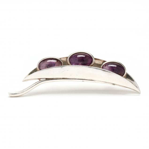 Appraisal: SILVER AND AMETHYST PEA POD MOTIF BROOCH ANTONIO PINEDA Designed