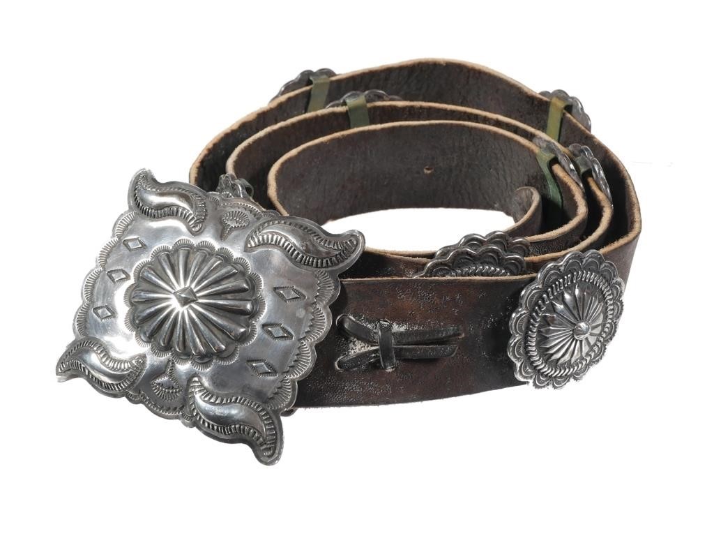 Appraisal: Vintage sterling silver hand-tooled concho belt including buckle and conchos