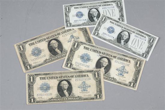 Appraisal: FIVE ONE DOLLAR SILVER CERTIFICATES Three series two with Woods