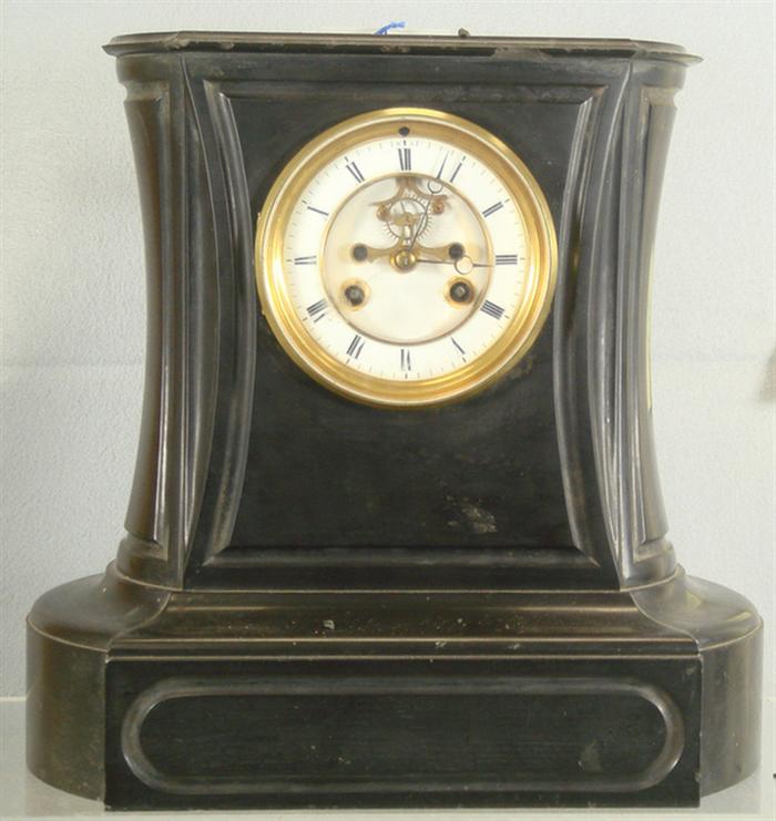 Appraisal: French black marble mantle clock open escapement enameled dial h