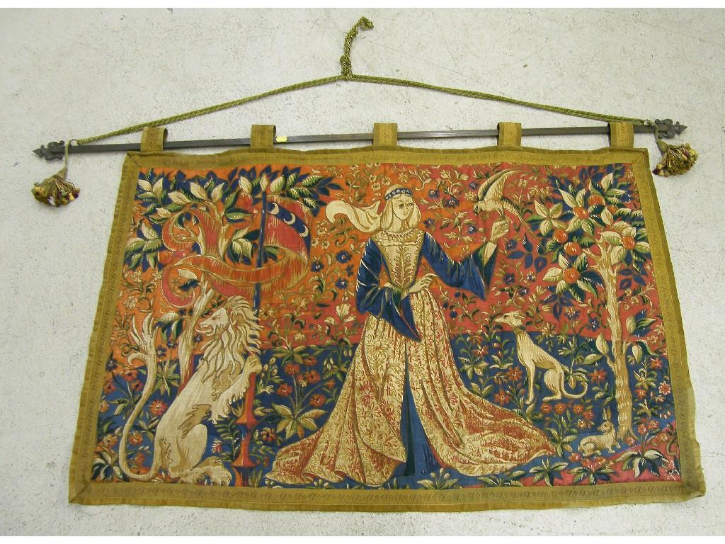 Appraisal: th century embroidered wall hanging tapestry titled 'La Dame a