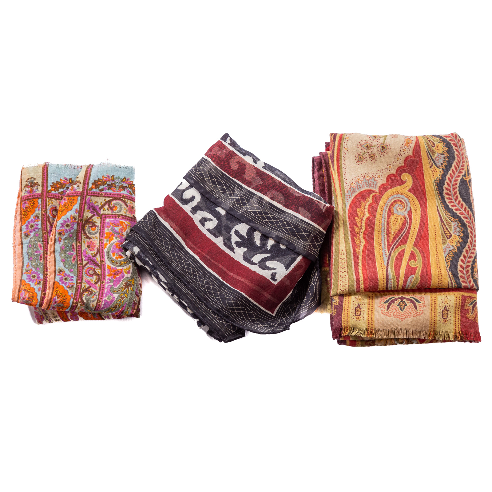 Appraisal: THREE ETRO SILK WOOL MUFFLERS A black red and multicolor