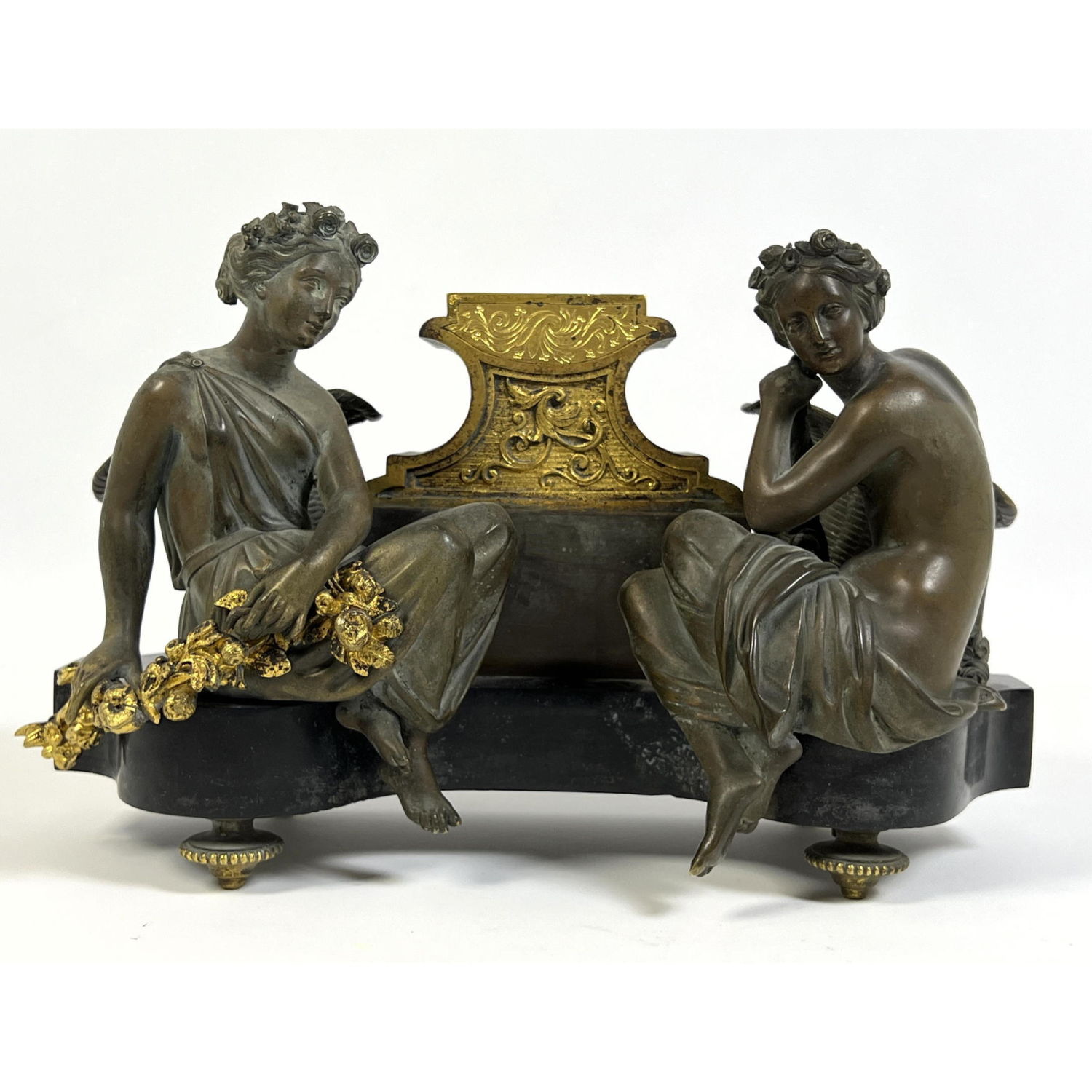 Appraisal: Antique Bronze and Marble Inkwell Stand Robbed maidens Dimensions H