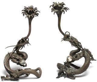 Appraisal: Pair of Chinese Bronze Dragon Candlesticks Finely cast gripping crystal