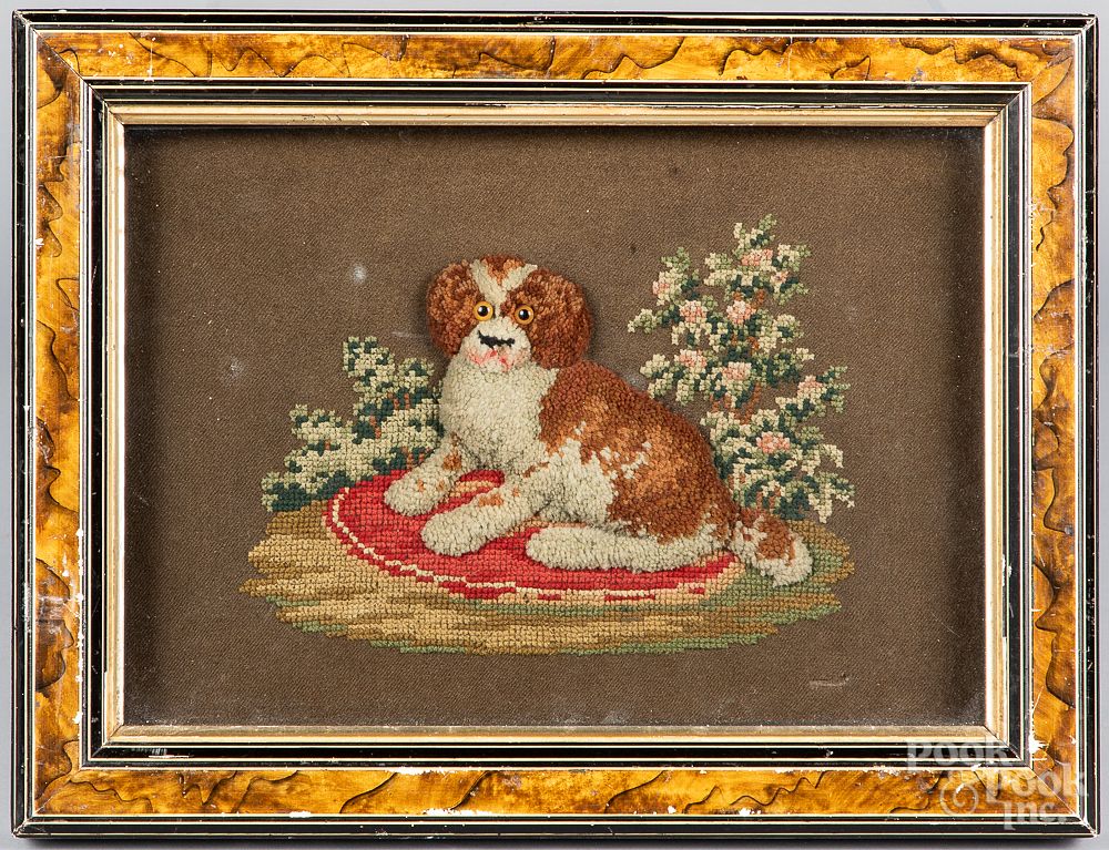 Appraisal: Victorian needlework of a seated dog in shadowbox Victorian needlework